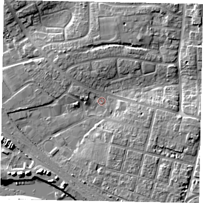 Shaded relief map of the ground around BN177EA, computed from Environment Agency LiDAR. The ground here sits at about 3 m above sea level and falls 11 m across the surrounding 800 m. Surface water reaching this point runs off ground lying to the east-south-east, 5.7 m higher.
