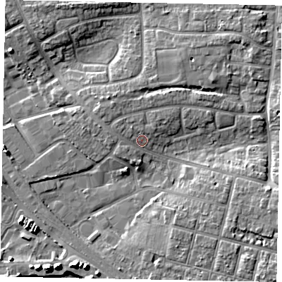 Shaded relief map of the ground around BN177EB, computed from Environment Agency LiDAR. The ground here sits at about 5 m above sea level and falls 11 m across the surrounding 800 m. Surface water reaching this point runs off ground lying to the north-west, 2.4 m higher.