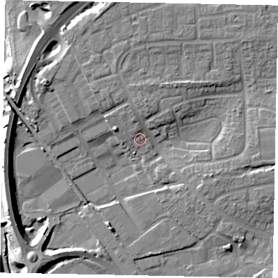 Shaded relief map of the ground around BN177EE, computed from Environment Agency LiDAR. The ground here sits at about 4 m above sea level and falls 10 m across the surrounding 800 m. Surface water reaching this point runs off ground lying to the north-north-west, 1.9 m higher.