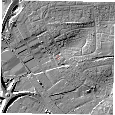 Shaded relief map of the ground around BN177EF, computed from Environment Agency LiDAR. The ground here sits at about 4 m above sea level and falls 9 m across the surrounding 800 m. Surface water reaching this point runs off ground lying to the north, 4.9 m higher.