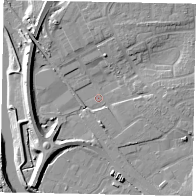 Shaded relief map of the ground around BN177EH, computed from Environment Agency LiDAR. The ground here sits at about 2 m above sea level and falls 12 m across the surrounding 800 m. Surface water reaching this point runs off ground lying to the south, 4.8 m higher.