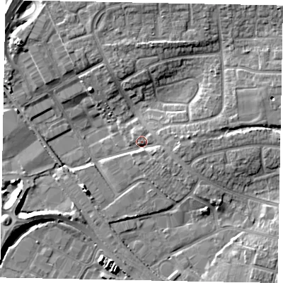 Shaded relief map of the ground around BN177EN, computed from Environment Agency LiDAR. The ground here sits at about 5 m above sea level and falls 8 m across the surrounding 800 m. Surface water reaching this point runs off ground lying to the east-south-east, 2.4 m higher.