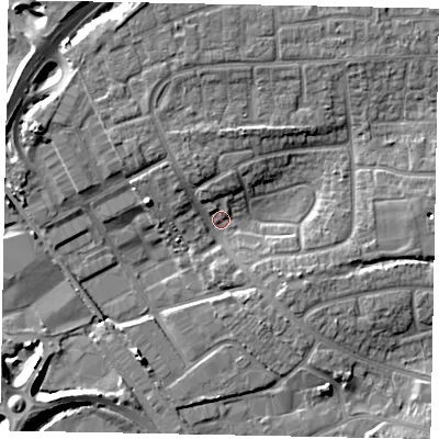 Shaded relief map of the ground around BN177ER, computed from Environment Agency LiDAR. The ground here sits at about 4 m above sea level and falls 8 m across the surrounding 800 m. Surface water reaching this point runs off ground lying to the north-north-west, 4.9 m higher.