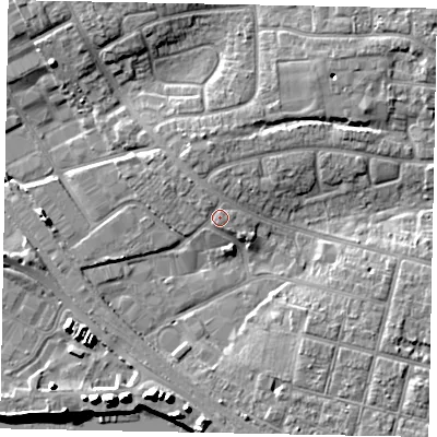 Shaded relief map of the ground around BN177FW, computed from Environment Agency LiDAR. The ground here sits at about 5 m above sea level and falls 11 m across the surrounding 800 m. Surface water reaching this point runs off ground lying to the north-west, 1.5 m higher.