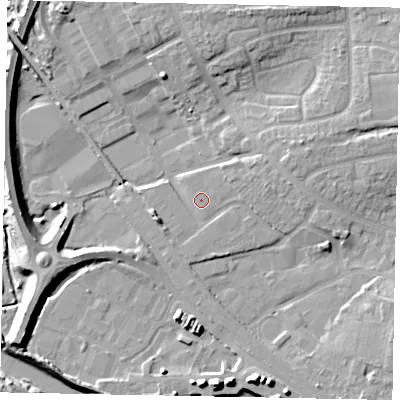 Shaded relief map of the ground around BN177GA, computed from Environment Agency LiDAR. The ground here sits at about 4 m above sea level and falls 12 m across the surrounding 800 m. Surface water reaching this point runs off ground lying to the west-south-west, 3.4 m higher.