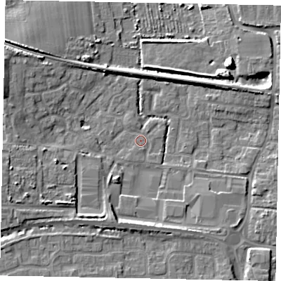 Shaded relief map of the ground around BN177GQ, computed from Environment Agency LiDAR. The ground here sits at about 3 m above sea level and falls 8 m across the surrounding 800 m. Surface water reaching this point runs off ground lying to the south-south-west, 5.9 m higher.