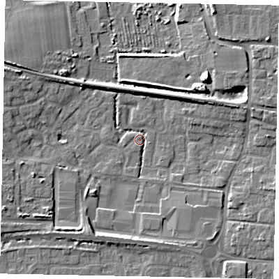 Shaded relief map of the ground around BN177GT, computed from Environment Agency LiDAR. The ground here sits at about 3 m above sea level and falls 9 m across the surrounding 800 m. Surface water reaching this point runs off ground lying to the west-south-west, 6.8 m higher.