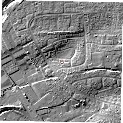 Shaded relief map of the ground around BN177HA, computed from Environment Agency LiDAR. The ground here sits at about 4 m above sea level and falls 7 m across the surrounding 800 m. Surface water reaching this point runs off ground lying to the south-east, 3.9 m higher.