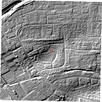 Shaded relief map of the ground around BN177HB, computed from Environment Agency LiDAR. The ground here sits at about 3 m above sea level and falls 7 m across the surrounding 800 m. Surface water reaching this point runs off ground lying to the west, 4.9 m higher.