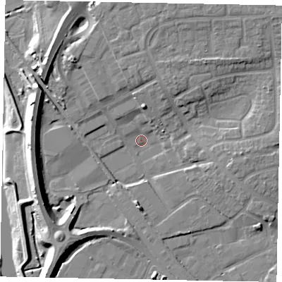 Shaded relief map of the ground around BN177HD, computed from Environment Agency LiDAR. The ground here sits at about 3 m above sea level and falls 12 m across the surrounding 800 m. Surface water reaching this point runs off ground lying to the north-north-east, 5.3 m higher.