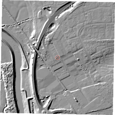 Shaded relief map of the ground around BN177HE, computed from Environment Agency LiDAR. The ground here sits at about 6 m above sea level and falls 12 m across the surrounding 800 m. Surface water reaching this point runs off ground lying to the north, 1.0 m higher.
