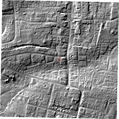 Shaded relief map of the ground around BN177HG, computed from Environment Agency LiDAR. The ground here sits at about 4 m above sea level and falls 7 m across the surrounding 800 m. Surface water reaching this point runs off ground lying to the south-east, 6.3 m higher.