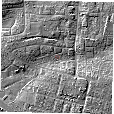 Shaded relief map of the ground around BN177HH, computed from Environment Agency LiDAR. The ground here sits at about 3 m above sea level and falls 7 m across the surrounding 800 m. Surface water reaching this point runs off ground lying to the east-south-east, 6.3 m higher.