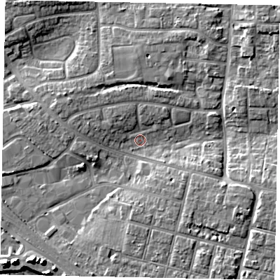 Shaded relief map of the ground around BN177HN, computed from Environment Agency LiDAR. The ground here sits at about 3 m above sea level and falls 11 m across the surrounding 800 m. Surface water reaching this point runs off ground lying to the east-south-east, 5.9 m higher.
