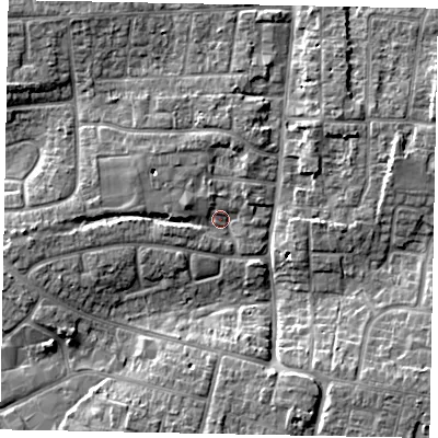Shaded relief map of the ground around BN177HQ, computed from Environment Agency LiDAR. The ground here sits at about 4 m above sea level and falls 7 m across the surrounding 800 m. Surface water reaching this point runs off ground lying to the north, 3.2 m higher.