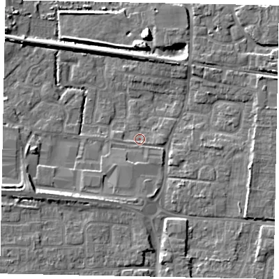 Shaded relief map of the ground around BN177LD, computed from Environment Agency LiDAR. The ground here sits at about 3 m above sea level and falls 8 m across the surrounding 800 m. Surface water reaching this point runs off ground lying to the east-north-east, 6.1 m higher.