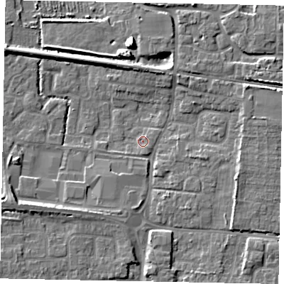 Shaded relief map of the ground around BN177LE, computed from Environment Agency LiDAR. The ground here sits at about 3 m above sea level and falls 8 m across the surrounding 800 m. Surface water reaching this point runs off ground lying to the south-south-east, 1.7 m higher.