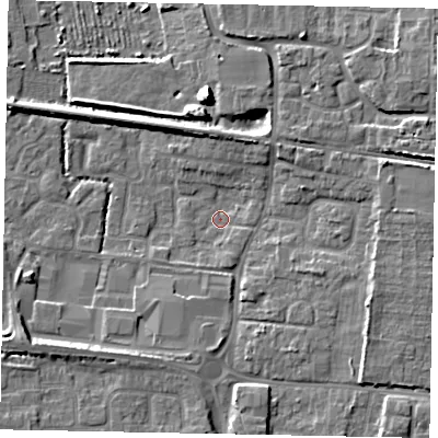 Shaded relief map of the ground around BN177LG, computed from Environment Agency LiDAR. The ground here sits at about 2 m above sea level and falls 8 m across the surrounding 800 m. Surface water reaching this point runs off ground lying to the east-north-east, 6.3 m higher.