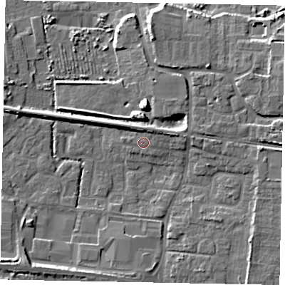 Shaded relief map of the ground around BN177LL, computed from Environment Agency LiDAR. The ground here sits at about 4 m above sea level and falls 9 m across the surrounding 800 m. Surface water reaching this point runs off ground lying to the north-east, 2.8 m higher.