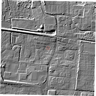 Shaded relief map of the ground around BN177LQ, computed from Environment Agency LiDAR. The ground here sits at about 3 m above sea level and falls 9 m across the surrounding 800 m. Surface water reaching this point runs off ground lying to the east, 6.5 m higher.