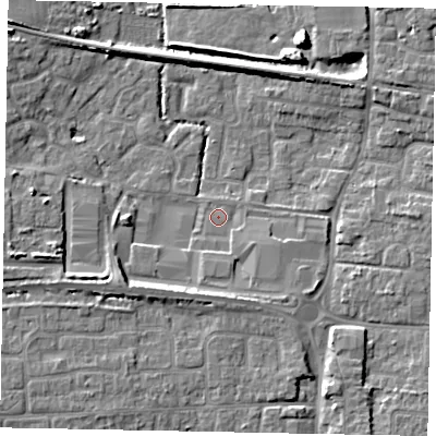 Shaded relief map of the ground around BN177PA, computed from Environment Agency LiDAR. The ground here sits at about 3 m above sea level and falls 8 m across the surrounding 800 m. Surface water reaching this point runs off ground lying to the south-south-west, 4.4 m higher.