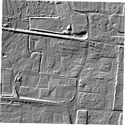 Shaded relief map of the ground around BN177PF, computed from Environment Agency LiDAR. The ground here sits at about 2 m above sea level and falls 8 m across the surrounding 800 m. Surface water reaching this point runs off ground lying to the east-north-east, 6.4 m higher.