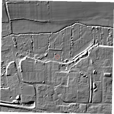 Shaded relief map of the ground around BN177PT, computed from Environment Agency LiDAR. The ground here sits at about 2 m above sea level and falls 10 m across the surrounding 800 m. Surface water reaching this point runs off ground lying to the south-south-east, 7.0 m higher.