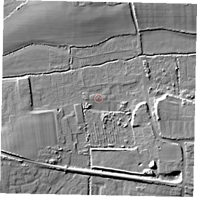 Shaded relief map of the ground around BN177PU, computed from Environment Agency LiDAR. The ground here sits at about 2 m above sea level and falls 9 m across the surrounding 800 m. Surface water reaching this point runs off ground lying to the south-east, 8.6 m higher.