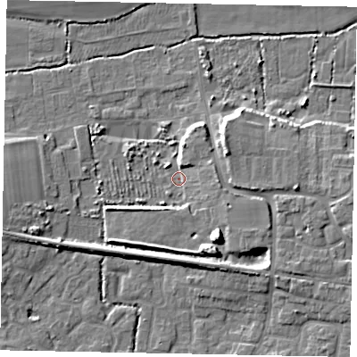 Shaded relief map of the ground around BN177PX, computed from Environment Agency LiDAR. The ground here sits at about 2 m above sea level and falls 9 m across the surrounding 800 m. Surface water reaching this point runs off ground lying to the east-north-east, 4.4 m higher.