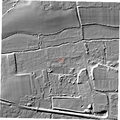 Shaded relief map of the ground around BN177PY, computed from Environment Agency LiDAR. The ground here sits at about 1 m above sea level and falls 9 m across the surrounding 800 m. Surface water reaching this point runs off ground lying to the south-south-east, 8.6 m higher.