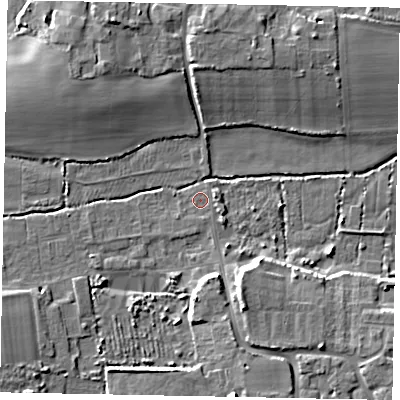 Shaded relief map of the ground around BN177QD, computed from Environment Agency LiDAR. The ground here sits at about 2 m above sea level and falls 8 m across the surrounding 800 m. Surface water reaching this point runs off ground lying to the south-south-east, 0.9 m higher.