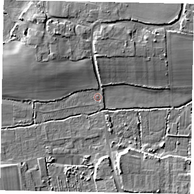 Shaded relief map of the ground around BN177QE, computed from Environment Agency LiDAR. The ground here sits at about 2 m above sea level and falls 8 m across the surrounding 800 m. Surface water reaching this point runs off ground lying to the north, 5.7 m higher.