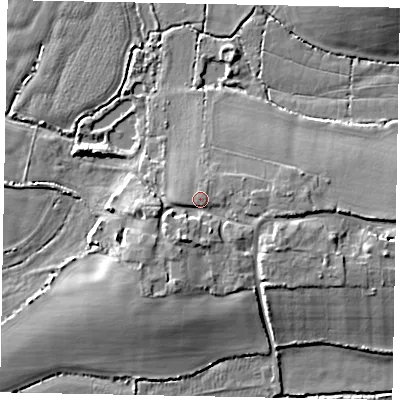 Shaded relief map of the ground around BN177QJ, computed from Environment Agency LiDAR. The ground here sits at about 5 m above sea level and falls 7 m across the surrounding 800 m. Surface water reaching this point runs off ground lying to the south-south-west, 3.6 m higher.