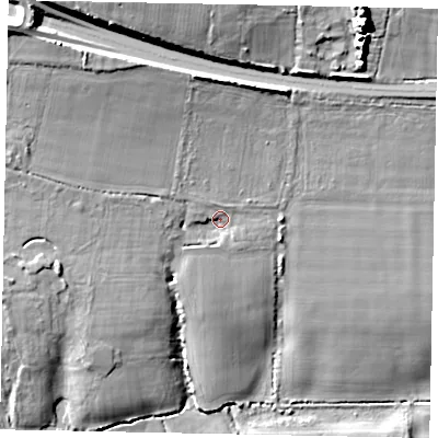 Shaded relief map of the ground around BN177QL, computed from Environment Agency LiDAR. The ground here sits at about 10 m above sea level and falls 20 m across the surrounding 800 m. Surface water reaching this point runs off ground lying to the north, 8.5 m higher.