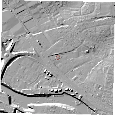 Shaded relief map of the ground around BN177QU, computed from Environment Agency LiDAR. The ground here sits at about 3 m above sea level and falls 12 m across the surrounding 800 m. Surface water reaching this point runs off ground lying to the north-north-west, 2.3 m higher.