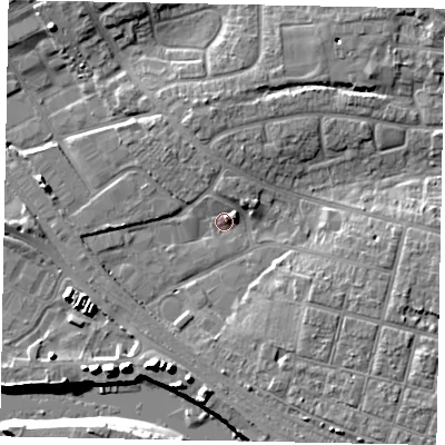 Shaded relief map of the ground around BN177QZ, computed from Environment Agency LiDAR. The ground here sits at about 3 m above sea level and falls 12 m across the surrounding 800 m. Surface water reaching this point runs off ground lying to the north-north-west, 4.0 m higher.