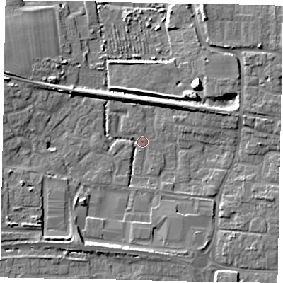 Shaded relief map of the ground around BN177RA, computed from Environment Agency LiDAR. The ground here sits at about 2 m above sea level and falls 9 m across the surrounding 800 m. Surface water reaching this point runs off ground lying to the west-south-west, 6.2 m higher.
