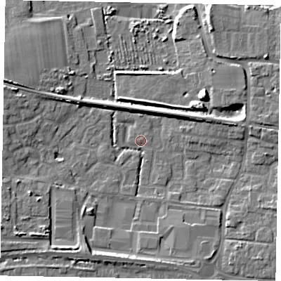 Shaded relief map of the ground around BN177RB, computed from Environment Agency LiDAR. The ground here sits at about 3 m above sea level and falls 9 m across the surrounding 800 m. Surface water reaching this point runs off ground lying to the south-west, 6.6 m higher.