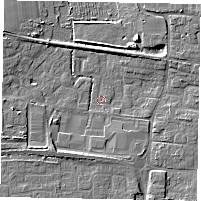 Shaded relief map of the ground around BN177RD, computed from Environment Agency LiDAR. The ground here sits at about 2 m above sea level and falls 8 m across the surrounding 800 m. Surface water reaching this point runs off ground lying to the south-west, 4.6 m higher.