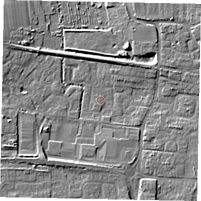 Shaded relief map of the ground around BN177RG, computed from Environment Agency LiDAR. The ground here sits at about 2 m above sea level and falls 8 m across the surrounding 800 m. Surface water reaching this point runs off ground lying to the east-north-east, 5.5 m higher.