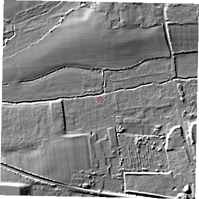 Shaded relief map of the ground around BN177RY, computed from Environment Agency LiDAR. The ground here sits at about 2 m above sea level and falls 11 m across the surrounding 800 m. Surface water reaching this point runs off ground lying to the south-east, 8.7 m higher.