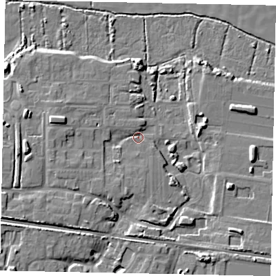 Shaded relief map of the ground around BN177TA, computed from Environment Agency LiDAR. The ground here sits at about 3 m above sea level and falls 10 m across the surrounding 800 m. Surface water reaching this point runs off ground lying to the west-south-west, 5.6 m higher.