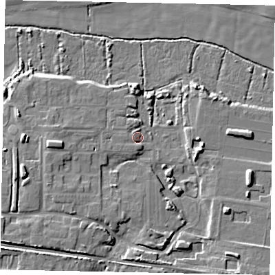 Shaded relief map of the ground around BN177TB, computed from Environment Agency LiDAR. The ground here sits at about 3 m above sea level and falls 10 m across the surrounding 800 m. Surface water reaching this point runs off ground lying to the west-south-west, 1.9 m higher.
