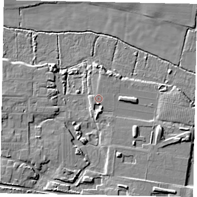 Shaded relief map of the ground around BN177TD, computed from Environment Agency LiDAR. The ground here sits at about 4 m above sea level and falls 8 m across the surrounding 800 m. Surface water reaching this point runs off ground lying to the south, 2.0 m higher.