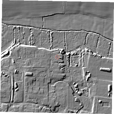 Shaded relief map of the ground around BN177TF, computed from Environment Agency LiDAR. The ground here sits at about 4 m above sea level and falls 10 m across the surrounding 800 m. Surface water reaching this point runs off ground lying to the west-south-west, 5.8 m higher.