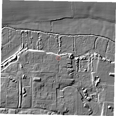 Shaded relief map of the ground around BN177TG, computed from Environment Agency LiDAR. The ground here sits at about 4 m above sea level and falls 10 m across the surrounding 800 m. Surface water reaching this point runs off ground lying to the south-west, 5.8 m higher.