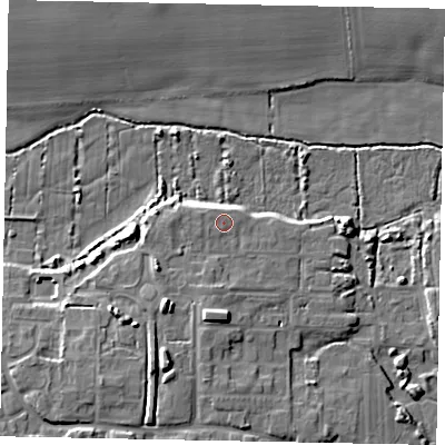 Shaded relief map of the ground around BN177TH, computed from Environment Agency LiDAR. The ground here sits at about 5 m above sea level and falls 10 m across the surrounding 800 m. Surface water reaching this point runs off ground lying to the west-south-west, 1.0 m higher.