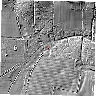 Shaded relief map of the ground around BN180AT, computed from Environment Agency LiDAR. The ground here sits at about 11 m above sea level and falls 15 m across the surrounding 800 m. Surface water reaching this point runs off ground lying to the north-north-east, 12.4 m higher.