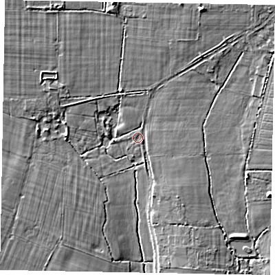 Shaded relief map of the ground around BN180AX, computed from Environment Agency LiDAR. The ground here sits at about 8 m above sea level and falls 8 m across the surrounding 800 m. Surface water reaching this point runs off ground lying to the north-north-east, 4.6 m higher.
