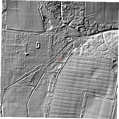 Shaded relief map of the ground around BN180AY, computed from Environment Agency LiDAR. The ground here sits at about 11 m above sea level and falls 10 m across the surrounding 800 m. Surface water reaching this point runs off ground lying to the north-north-west, 2.5 m higher.
